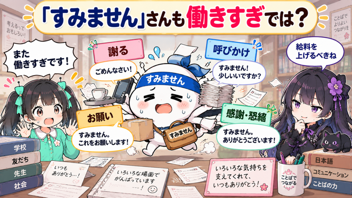 いろいろな役割を掛け持ちする「すみません」をコミカルに描いたイラスト