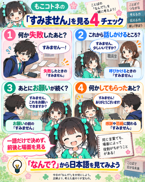 「すみません」の役割を考える4つのチェックをまとめた保存用図解
