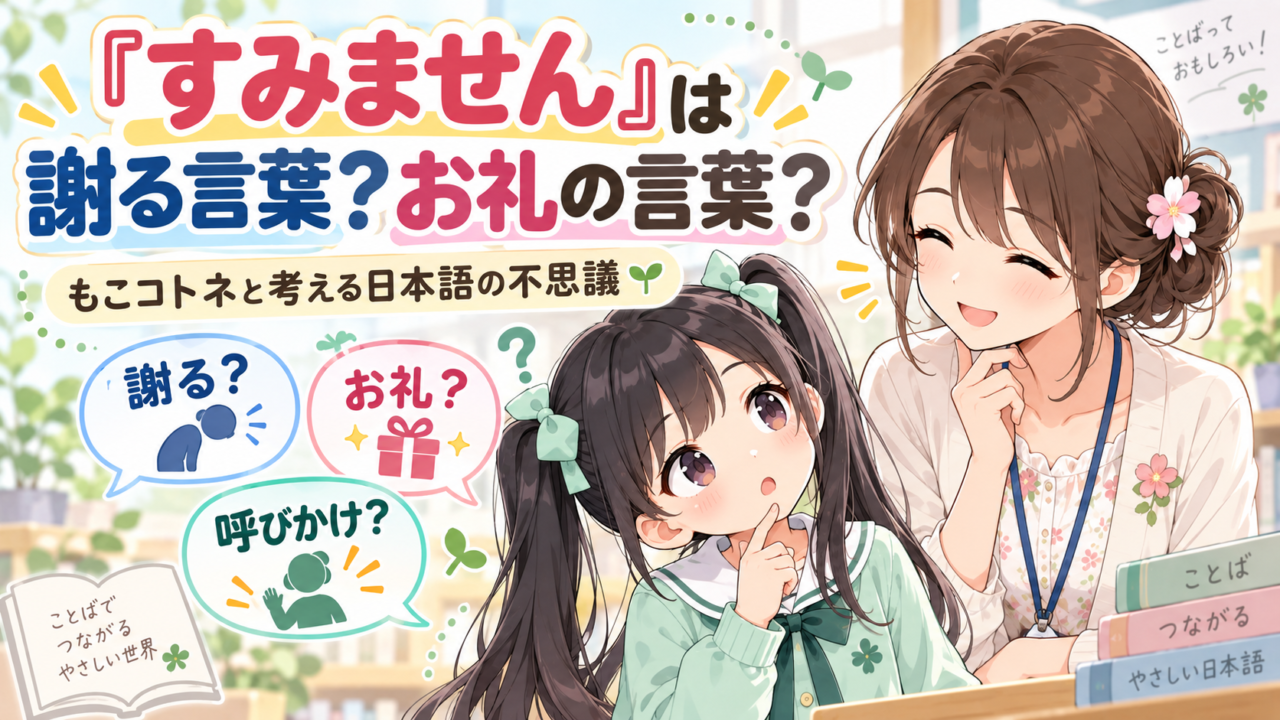 「すみません」が謝罪・お礼・呼びかけのどれなのか考えるもこコトネのアイキャッチ画像