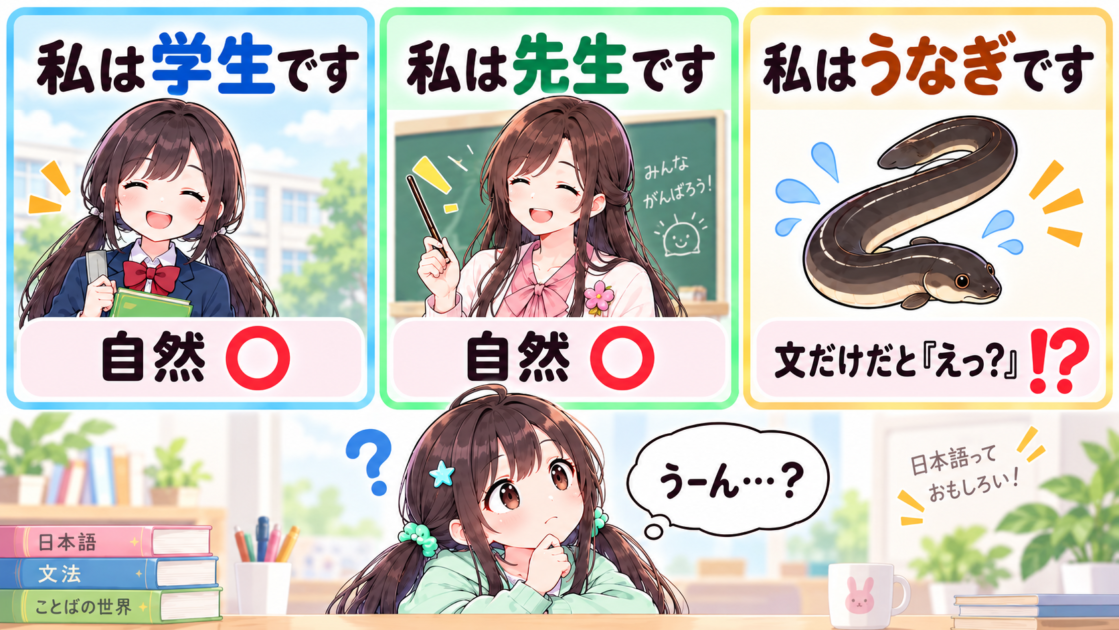 「私は学生です」と「私はうなぎです」の意味を比較する図解