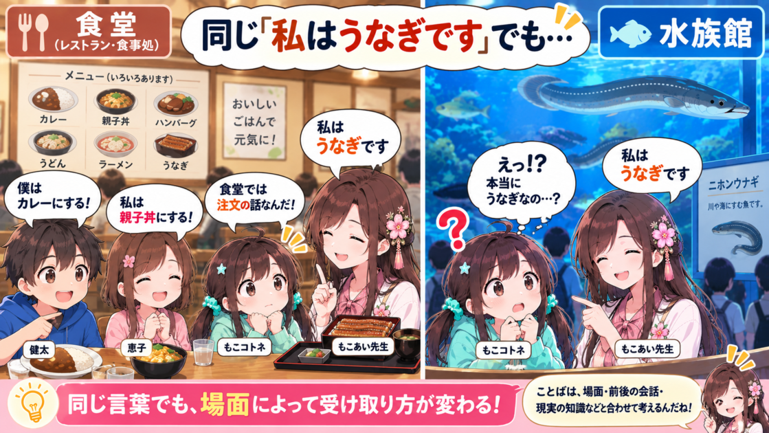 食堂と水族館で「私はうなぎです」の受け取り方が変わる比較図