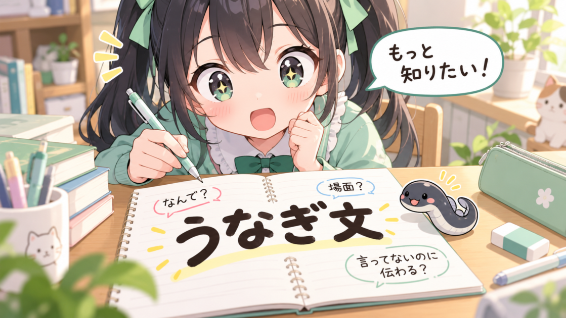 「うなぎ文」という言葉をノートに書いて興味を持つもこコトネ