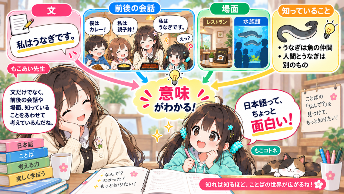 日本語は場面まで読んでいると気づき興味を深めるもこコトネ