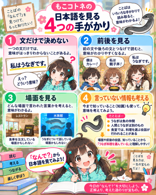 もこコトネの日本語を見る4つの手がかりをまとめた保存用図解
