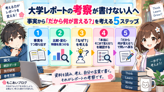 大学レポートの考察が書けない人向けに、事実から考察を進める5ステップを示したアイキャッチ画像