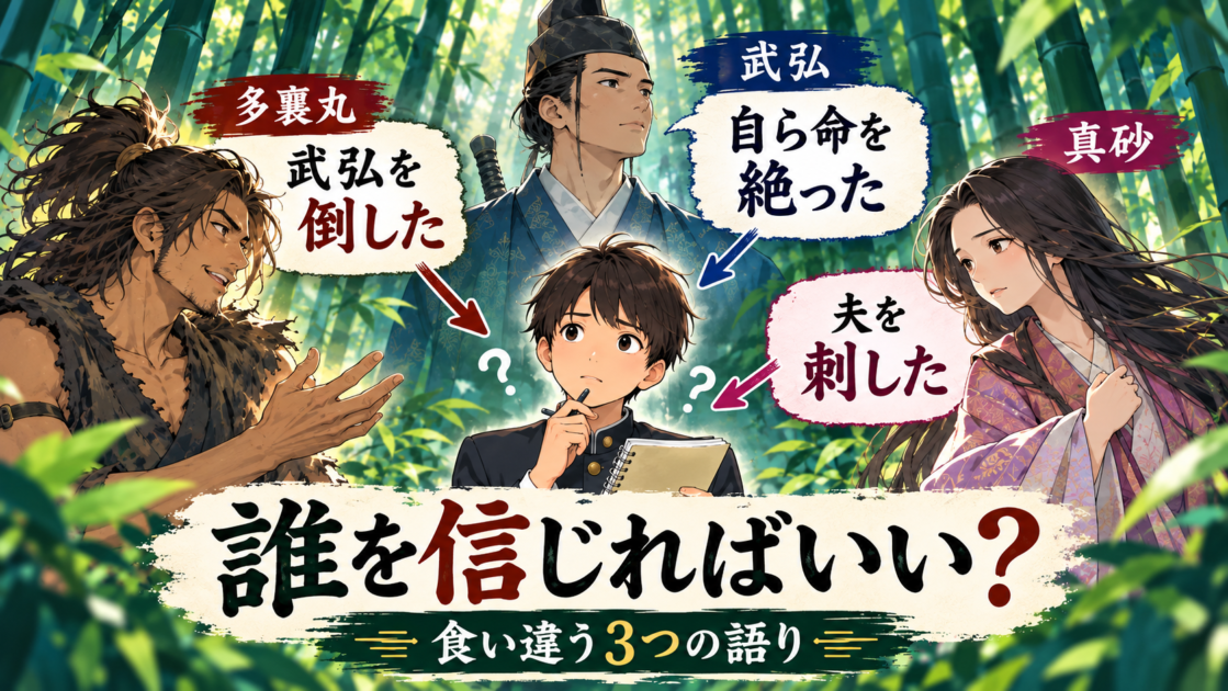 『藪の中』の多襄丸・真砂・武弘の食い違う証言に、読者が誰を信じるか迷っているイラスト