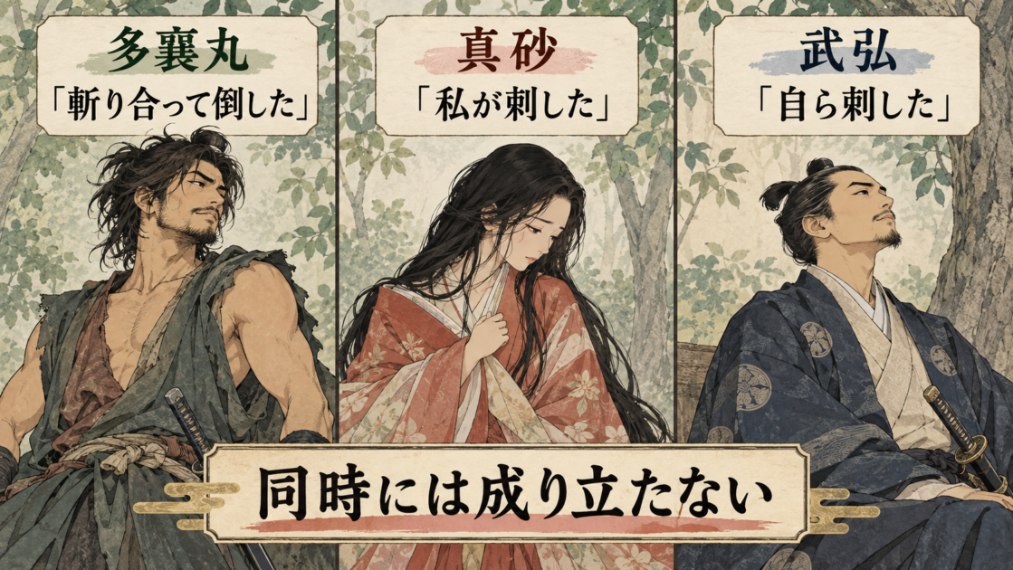 多襄丸・真砂・武弘が武弘の死について異なる説明をしている比較図
