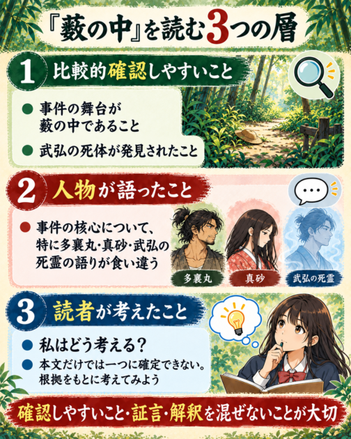 『藪の中』を読むときの「確認できること・人物の証言・読者の解釈」を3層に分けた図