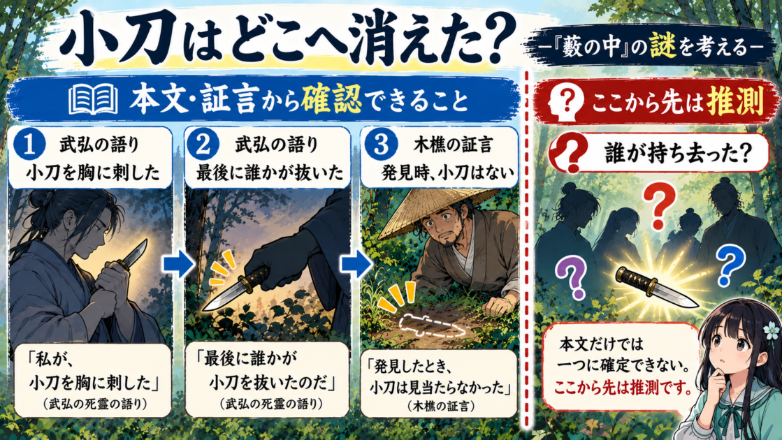 『藪の中』で小刀が現場からなくなったことと、誰が持ち去ったかは推測であることを示す図