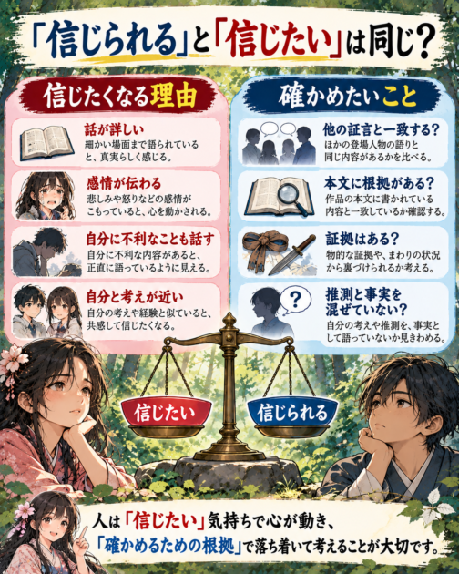 人の証言を信じたくなる理由と、実際に確認したい根拠を分けた図