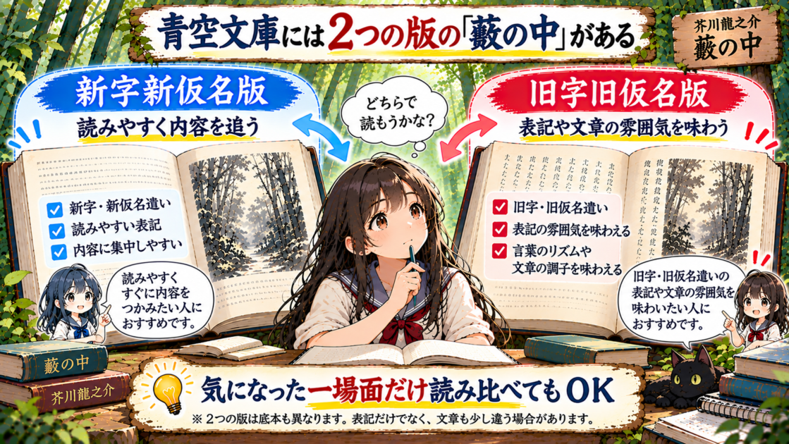 青空文庫の『藪の中』新字新仮名版と旧字旧仮名版を読み比べる読者の図