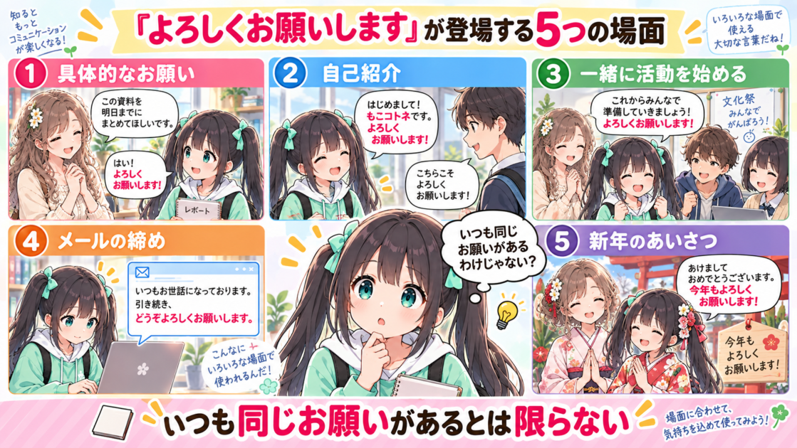 「よろしくお願いします」が使われる5つの代表的な場面をまとめた図解