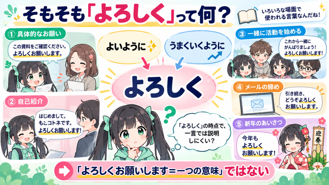 「よろしく」の意味の広がりを場面とともに考える図解