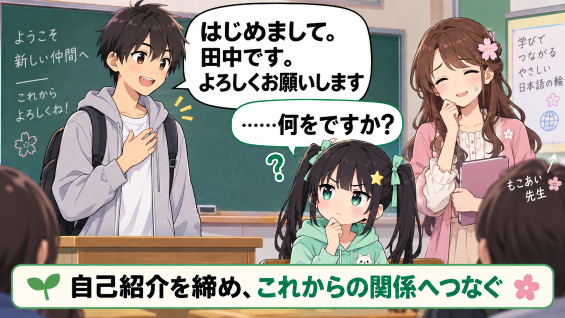自己紹介の最後に「よろしくお願いします」と言う場面でもこコトネが疑問を持つイラスト