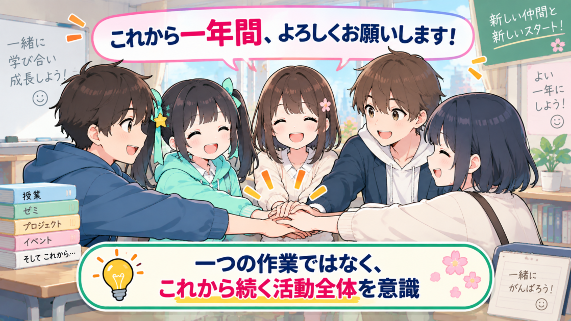一年間一緒に活動する相手へ「よろしくお願いします」とあいさつする場面