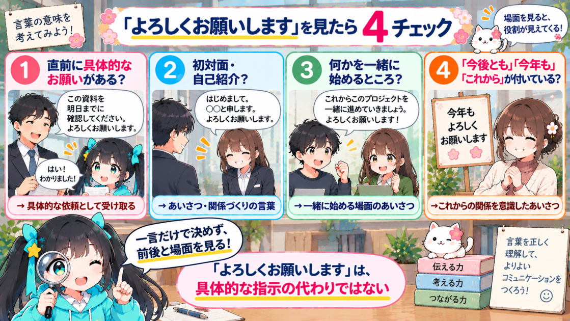 「よろしくお願いします」の役割を考える4つのチェックをまとめた図解