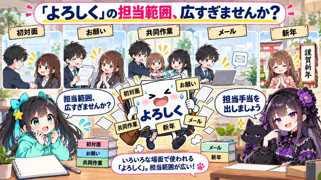 多くの場面で使われる「よろしく」を働き者として擬人化したコミカルなイラスト