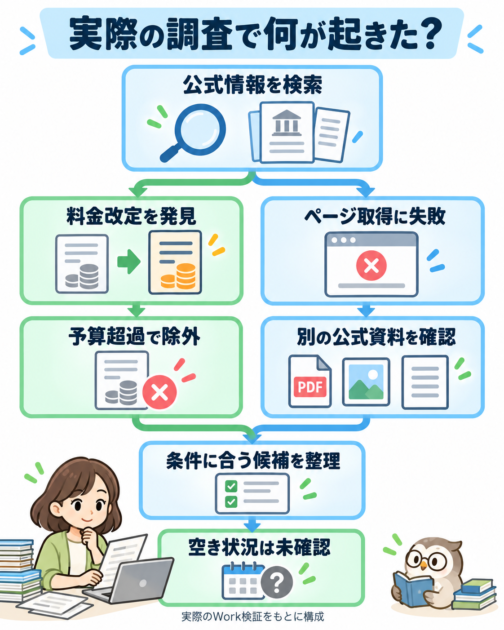実際のWork調査で、料金改定による候補除外やページ取得失敗後の別資料確認が報告された流れ