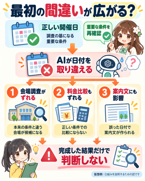 AIが開催日を取り違えると、会場調査・料金比較・案内文にも誤りが広がる可能性を示す図
