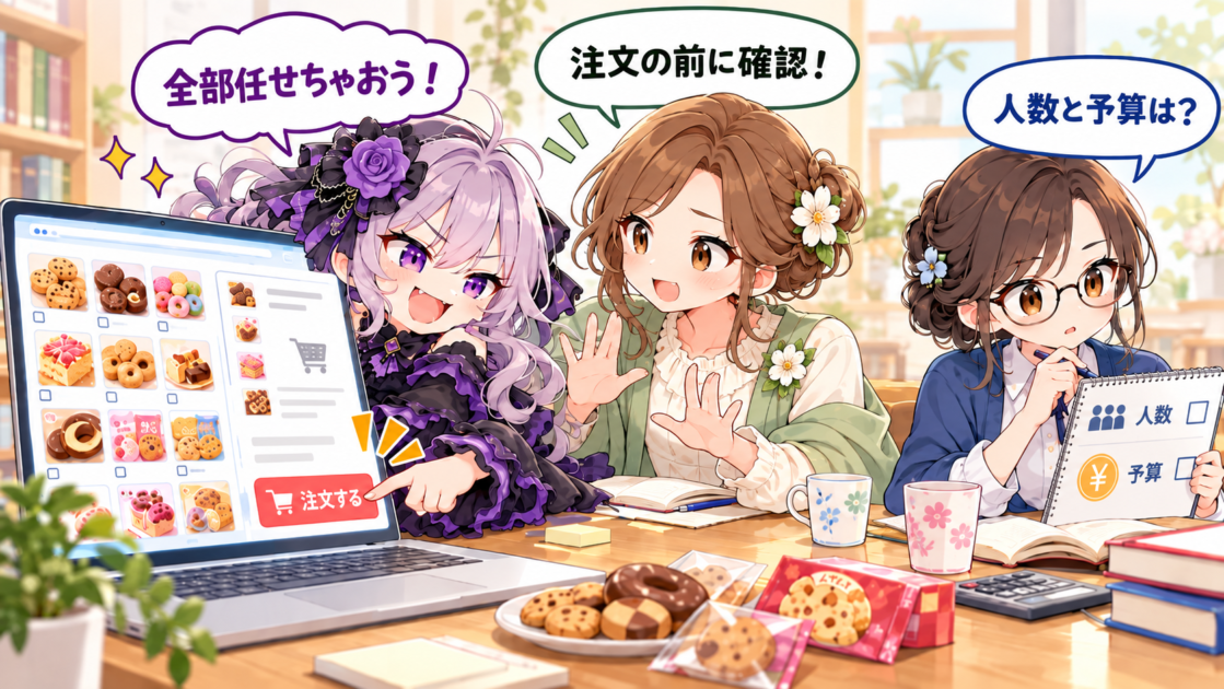 悪もこあい先生がお菓子を大量注文しようとし、もこあい先生と恵子が人数や予算を確認する場面