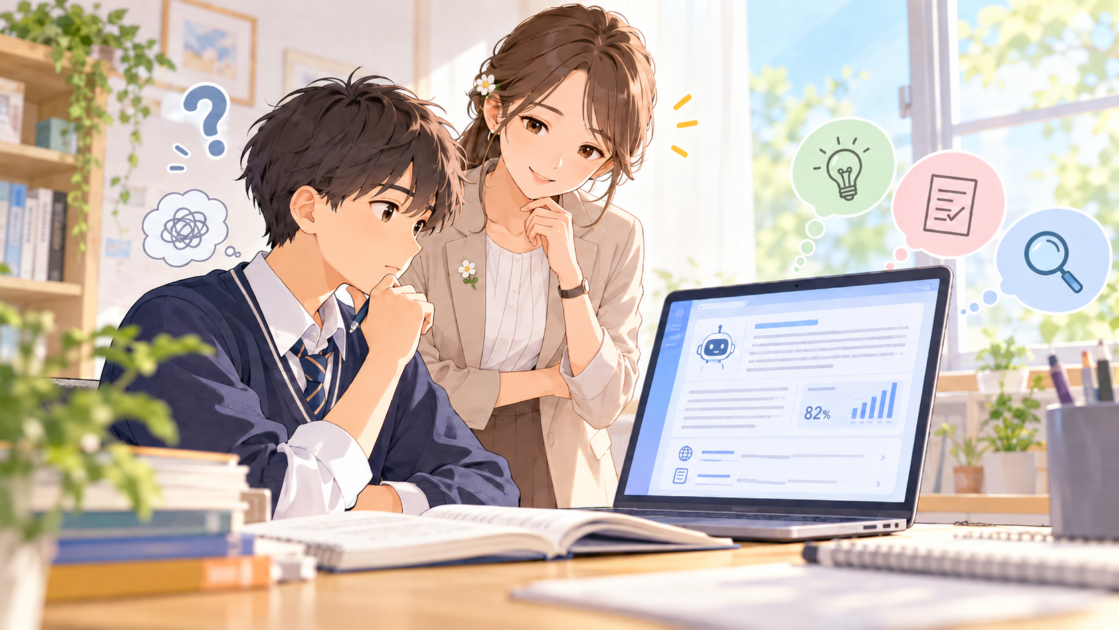 AIの回答画面を見ながら、そのまま使ってよいか考える学習者ともこあい先生
