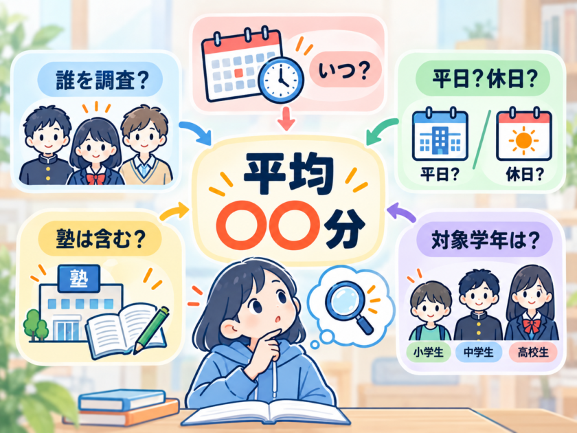 平均学習時間の数字について調査年や対象者などの条件を確認する図