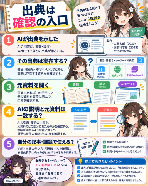 AIが示した出典を実在確認から元資料との照合まで確かめる手順の保存用図解