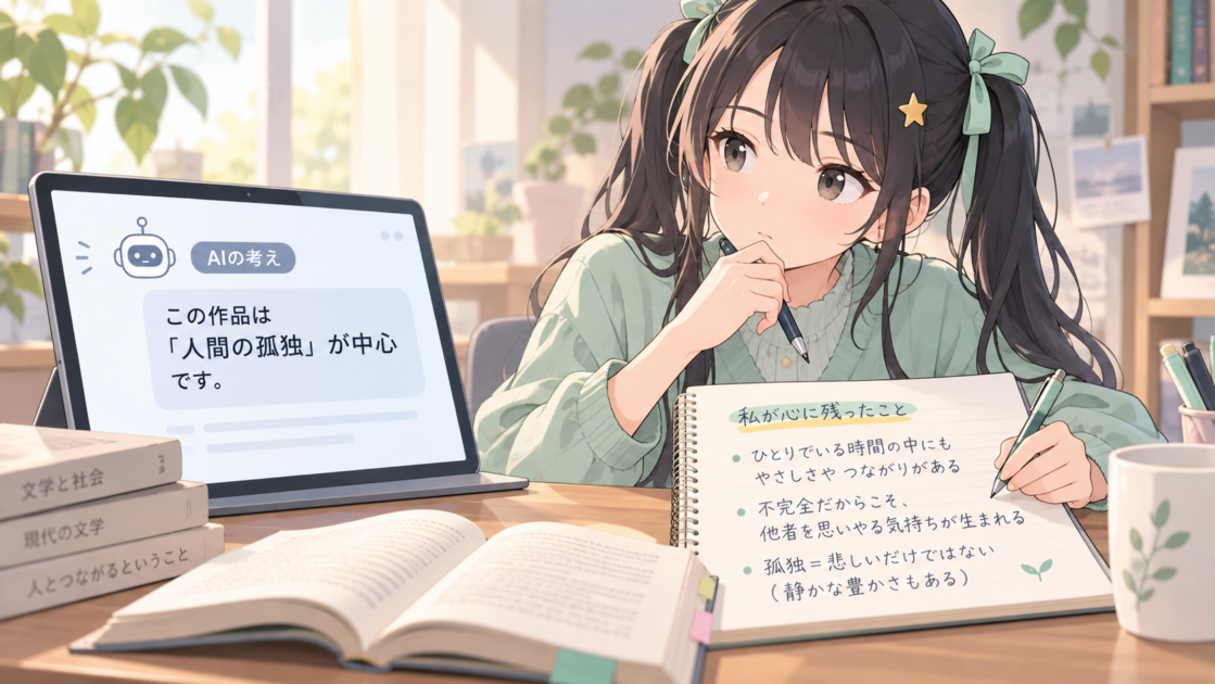 AIの読書感想文の提案を見ながら、自分が本当に気になったことを考えるもこコトネ