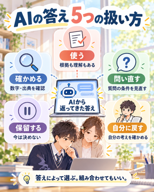 AIの答えを使う・確かめる・問い直す・保留する・自分に戻すの5つに分けた保存用図解