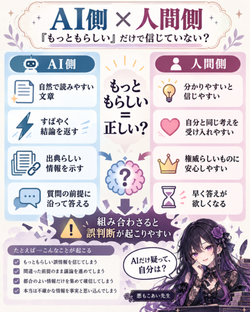 AIのもっともらしい回答と人間の思い込みが組み合わさって誤判断が起こる仕組みを示す図