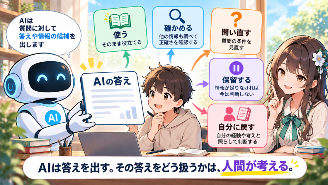 AIから答えを受け取った人間が5つの扱い方から適切な判断を選ぶまとめ図