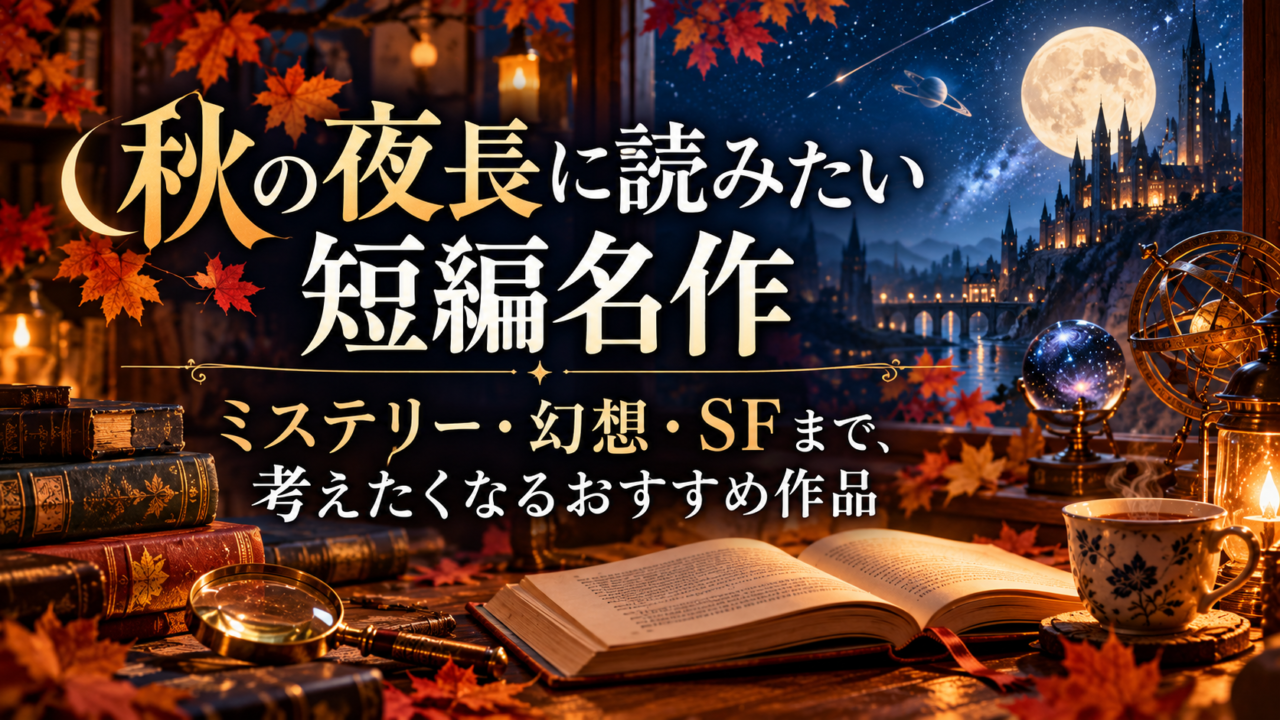 秋の夜長に読みたい短編名作を、ミステリー・幻想・SFまで紹介する記事のアイキャッチ