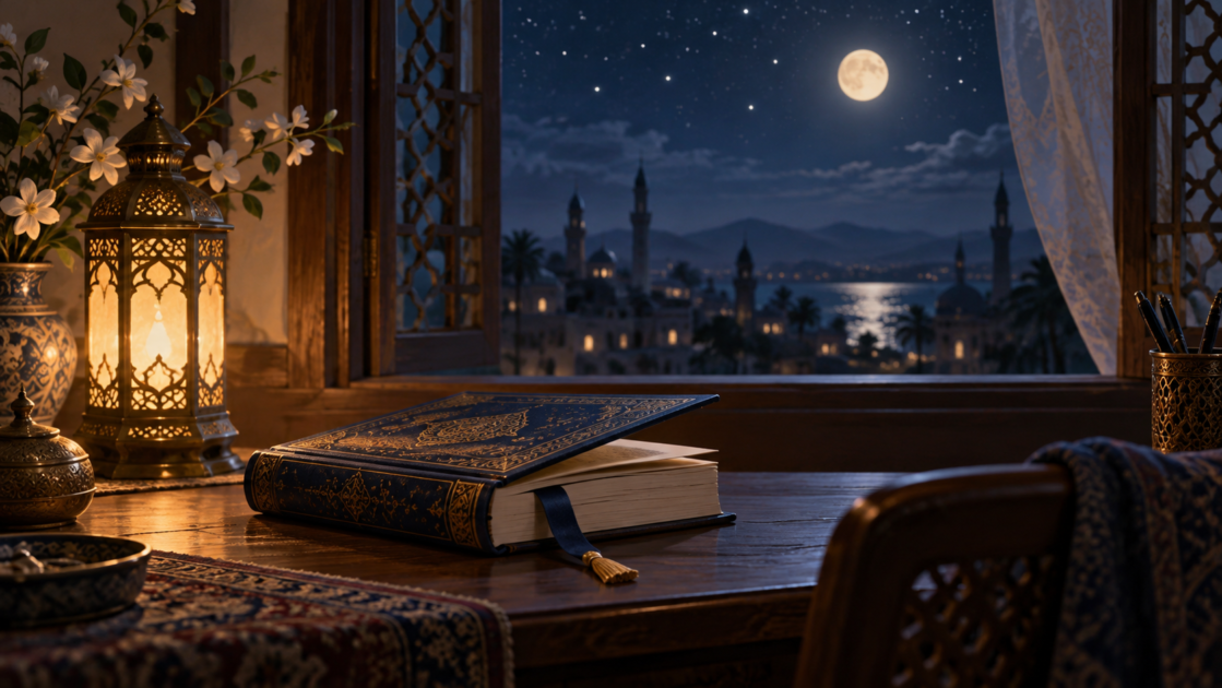 月夜にしおりを挟んだ本を閉じ、物語の続きを次の夜へ残す読書風景