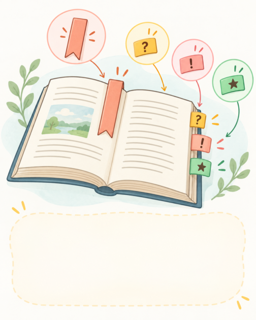 しおりと「？」「！」「★」の印を使い分けて読書を続ける方法の図