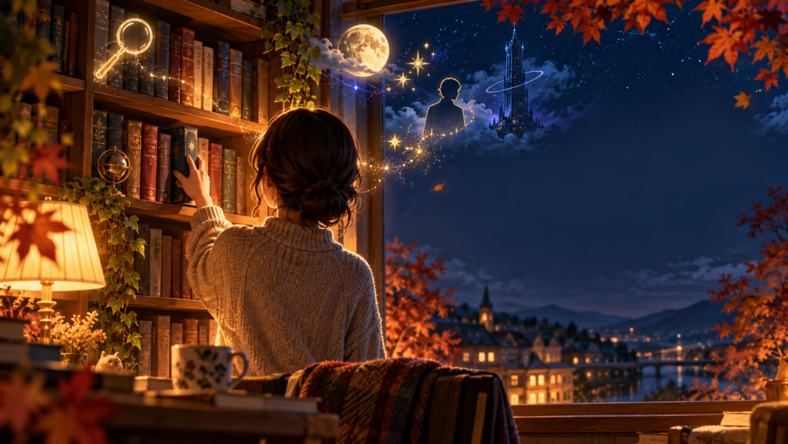 秋の夜に本棚から今夜読む一編を選ぶ読者とさまざまな物語世界