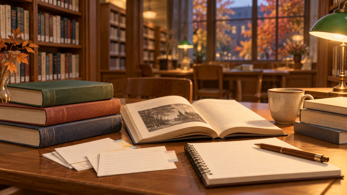 図書館の机で本や資料を確認しながら作品情報を調べる様子