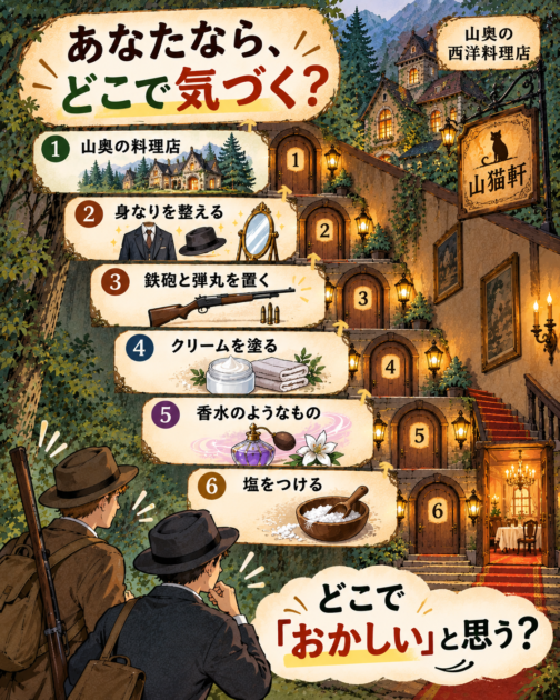 山猫軒の注文を順番に並べ、どこで違和感を覚えるか考える図解