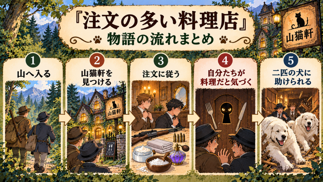 注文の多い料理店の話の流れを5段階で整理した図解
