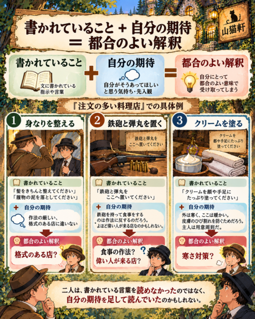 書かれた内容に期待を足して都合よく解釈してしまう構造を示した図解