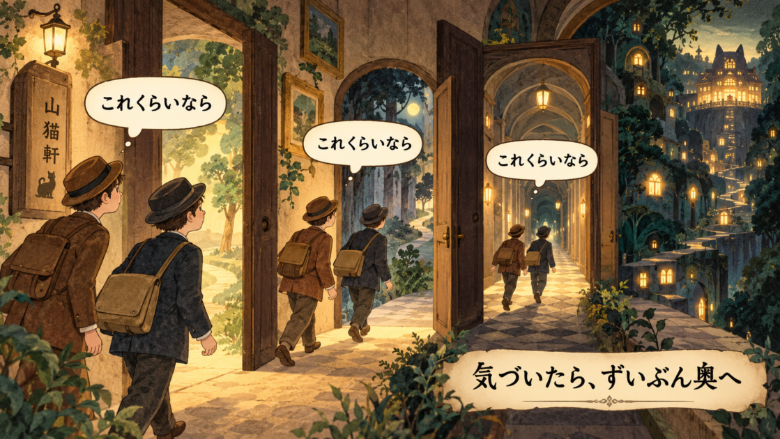 これくらいならと思いながら少しずつ奥へ進んでしまう様子を描いた挿絵