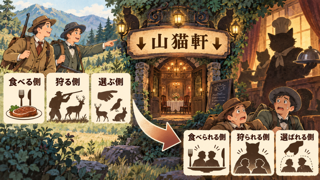 食べる側から食べられる側へ立場が逆転することを示した図解