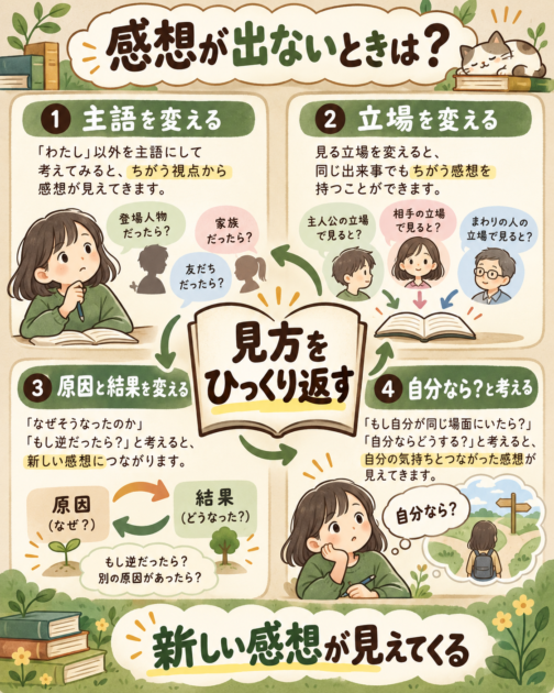感想が出ないときの考え方の切り替え方をまとめた保存用図解