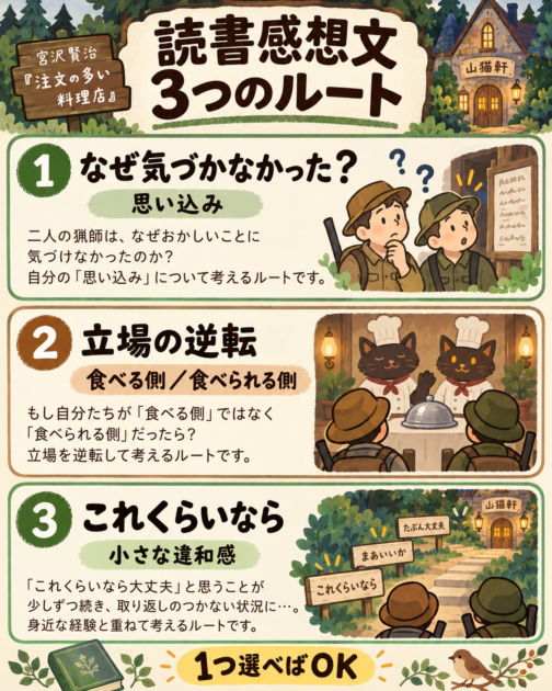 注文の多い料理店の感想文を書くための3つのルートをまとめた図解