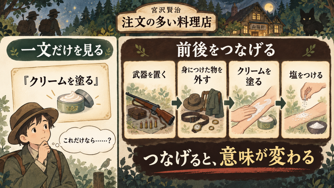 一つの注文だけを見る場合と前後の注文をつなげて読む場合の違いを示した図解