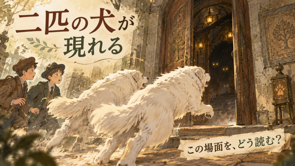 山猫軒の扉へ二匹の大きな犬が飛び込む場面を描いた挿絵