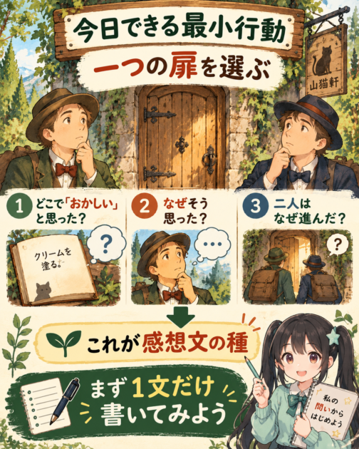 注文の多い料理店の感想文を書き始めるための3つの問いをまとめた図解