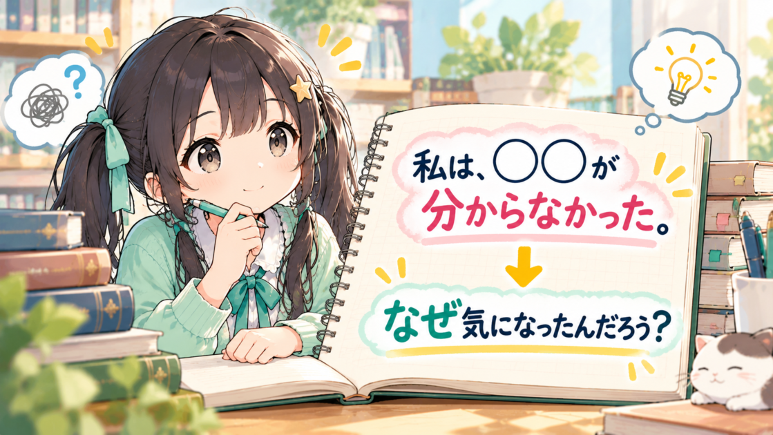 もこコトネが「分からない」をことばノートに書き、「なぜ気になったのか」を考えているイラスト