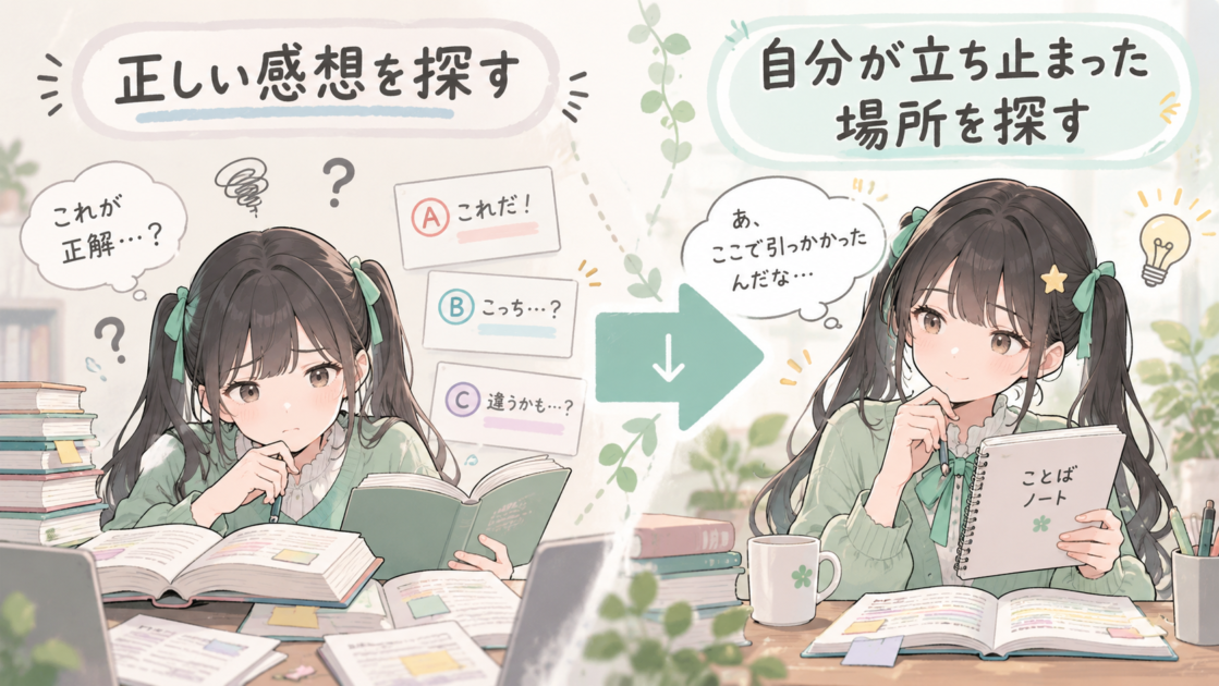 正しい感想探しから、自分が立ち止まった場所を探す考え方への変化を示したイラスト