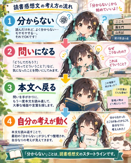 分からないことから問いを作り、本文に戻って自分の考えを深める流れを示した保存用図解