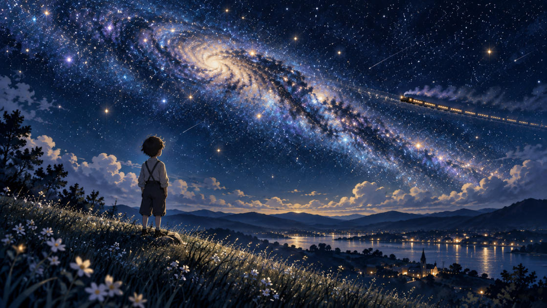 星空の丘から遠くの銀河鉄道を見つめる少年の後ろ姿